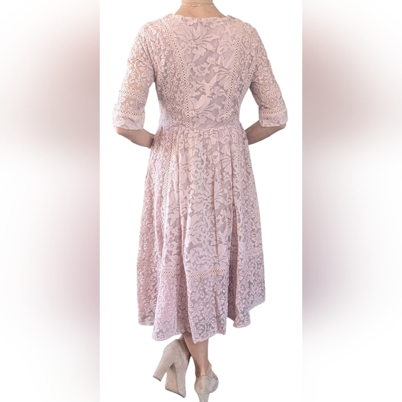 Brass & Roe Blush Pink Lace Midi Dress M Romantic Cottagecore Spring Wedding - Picture 3 of 13